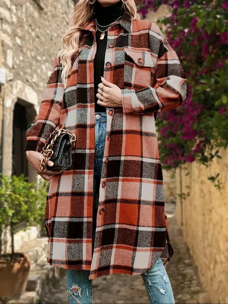 Women's Plaid Print Button Down Casual Coat