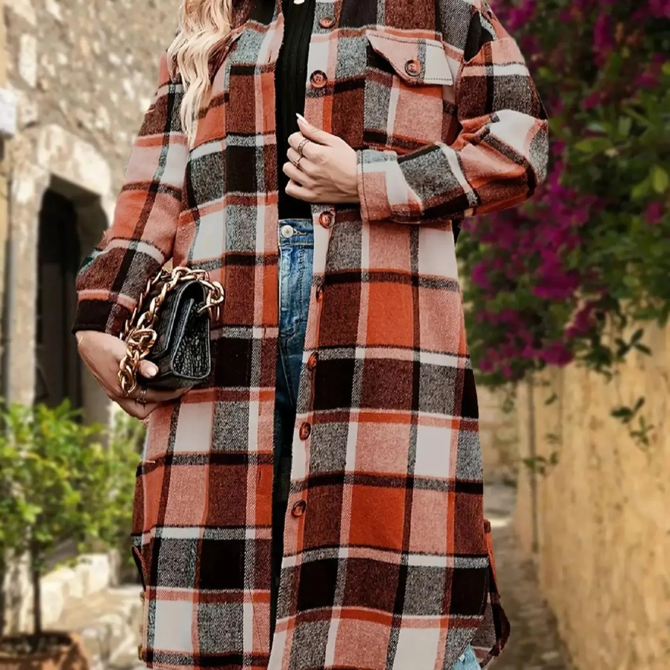 Women's Plaid Print Button Down Casual Coat