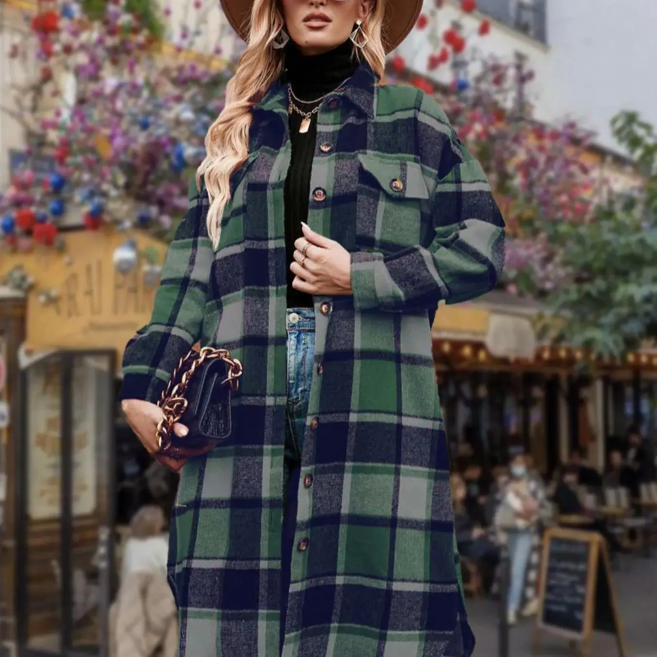 Women's Plaid Print Button Down Casual Coat