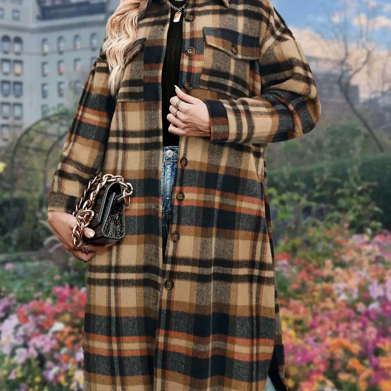 Women's Plaid Print Button Down Casual Coat