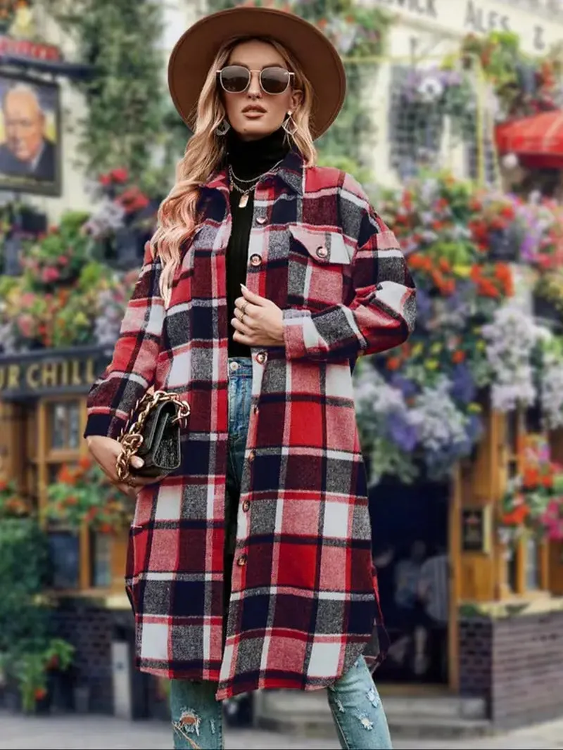 Women's Plaid Print Button Down Casual Coat