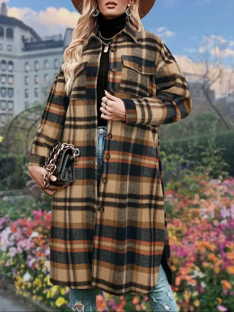 Women's Plaid Print Button Down Casual Coat