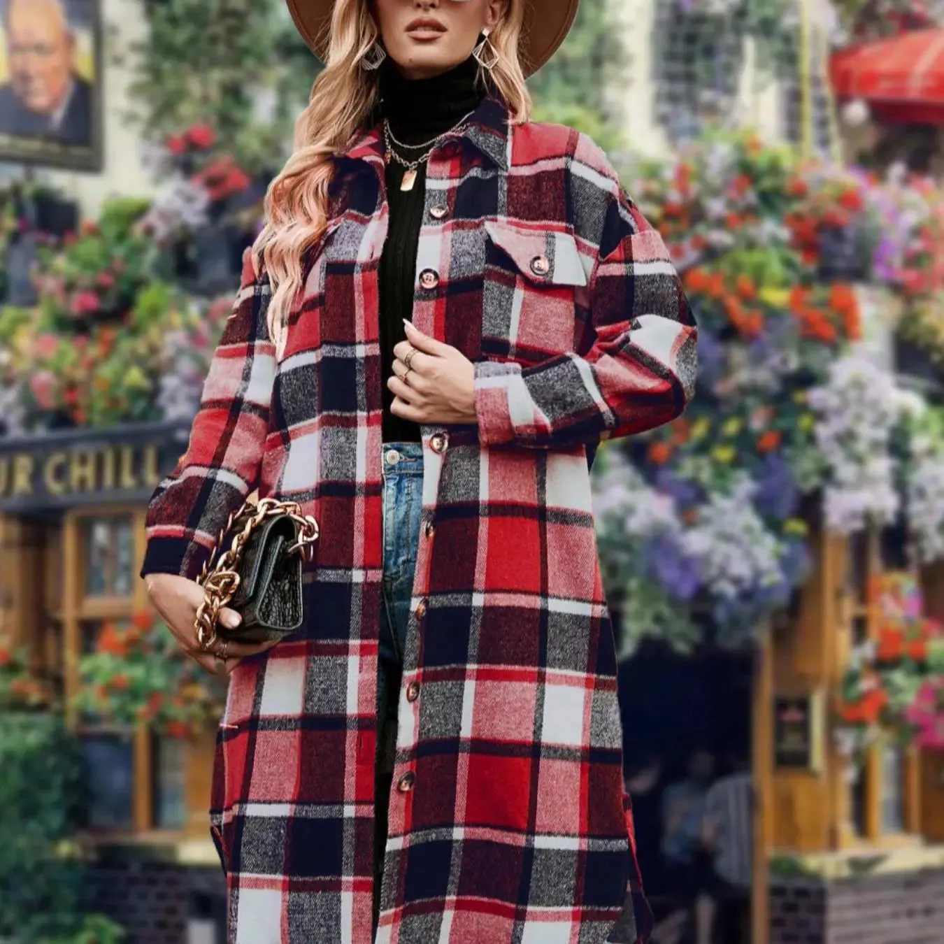 Women's Plaid Print Button Down Casual Coat