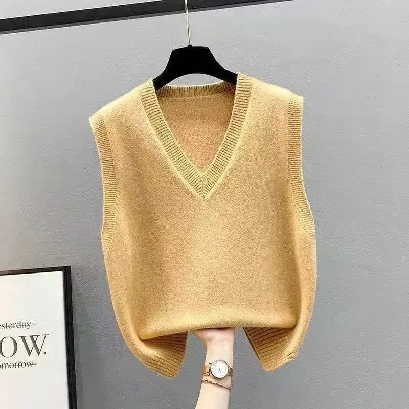 Women's Sleeveless Knitted Sweater Loose V Neck Sleeveless Knitwear Vest for Women Crop Knit Gilet Solid Color Waistcoat